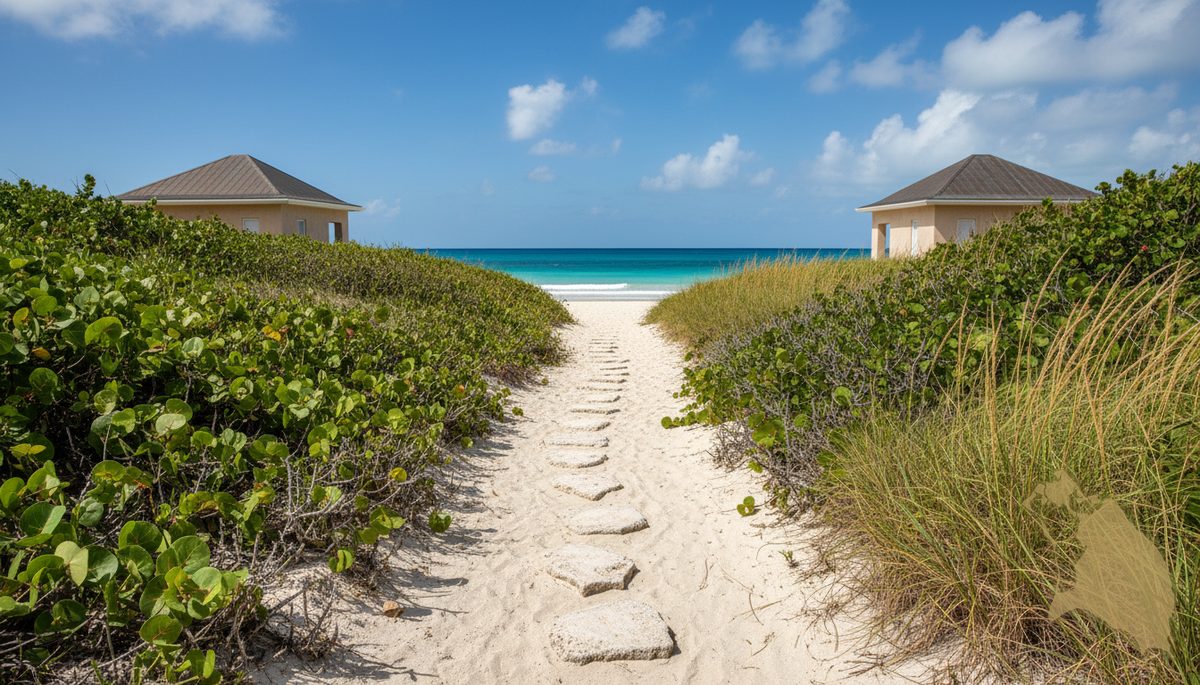 Sandy path between villas leading to the beach