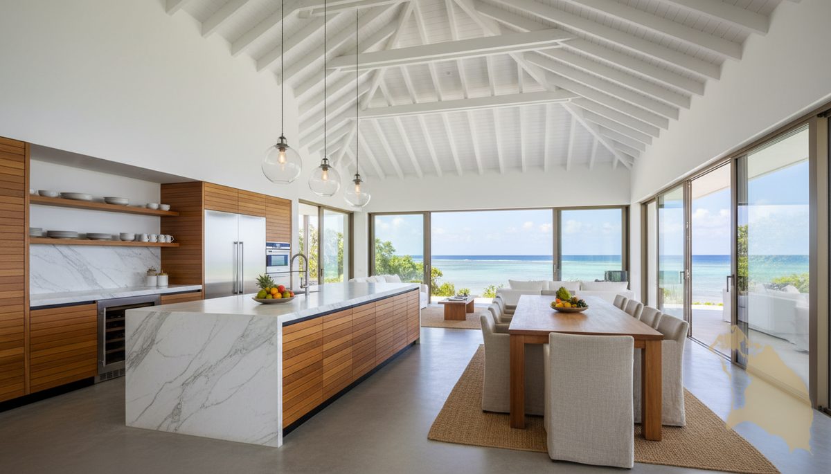 Modern kitchen with marble island and ocean views